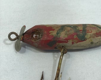 Vintage 1950's Wooden Hand Painted Fishing Lure Red and White Yellow Eyes  Carved Solid Wood Two Treble Hook 