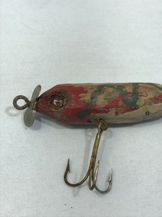 Antique Wood Fishing Lure, Red, Green and White Wooden, Lure With