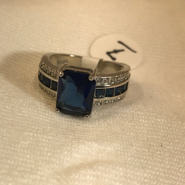 Blue gemstone ring, sterling silver stamped S925, large blue gemstone and rhinestone accents, size 6 or 7 engagement or dinner ring