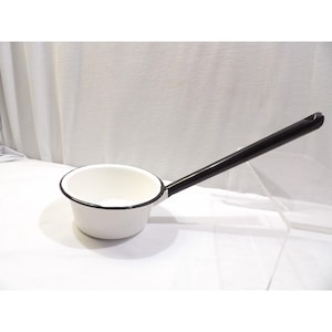 Vintage white and black enamel ladle water dipper, enamel coated metal, 13 in