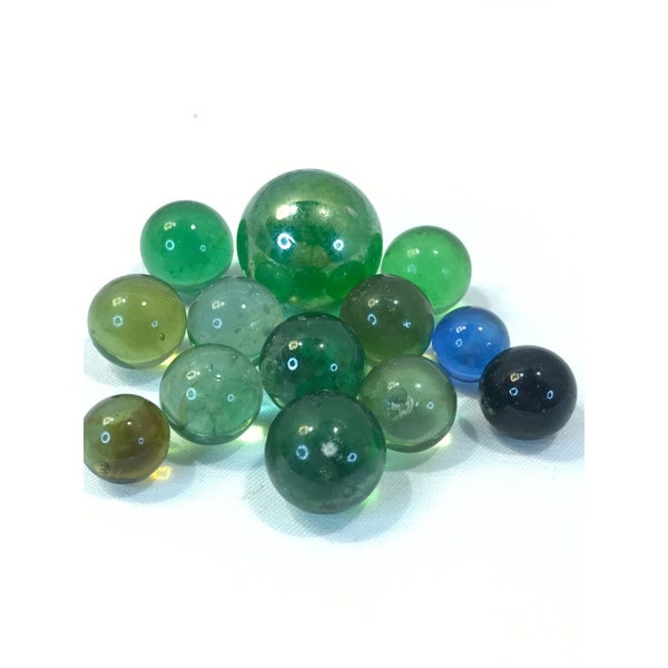 Vintage marble lot, green blue black clear glass marbles, qty 13, shooter, mixed lot