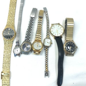 Vintage watch lot, 7 nonworking analog watches, Bulova, Seiko, Helbros gold nugget, Sharp, Speidel USA