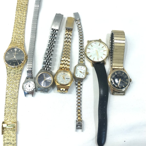 Vintage watch lot, 7 nonworking analog watches, Bulova, Seiko, Helbros gold nugget, Sharp, Speidel USA