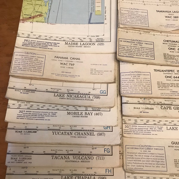Vintage aeronautical chart, 1950s 1960s era flight map charts for pilots, South America, Gulf of Mexico, Central America regions