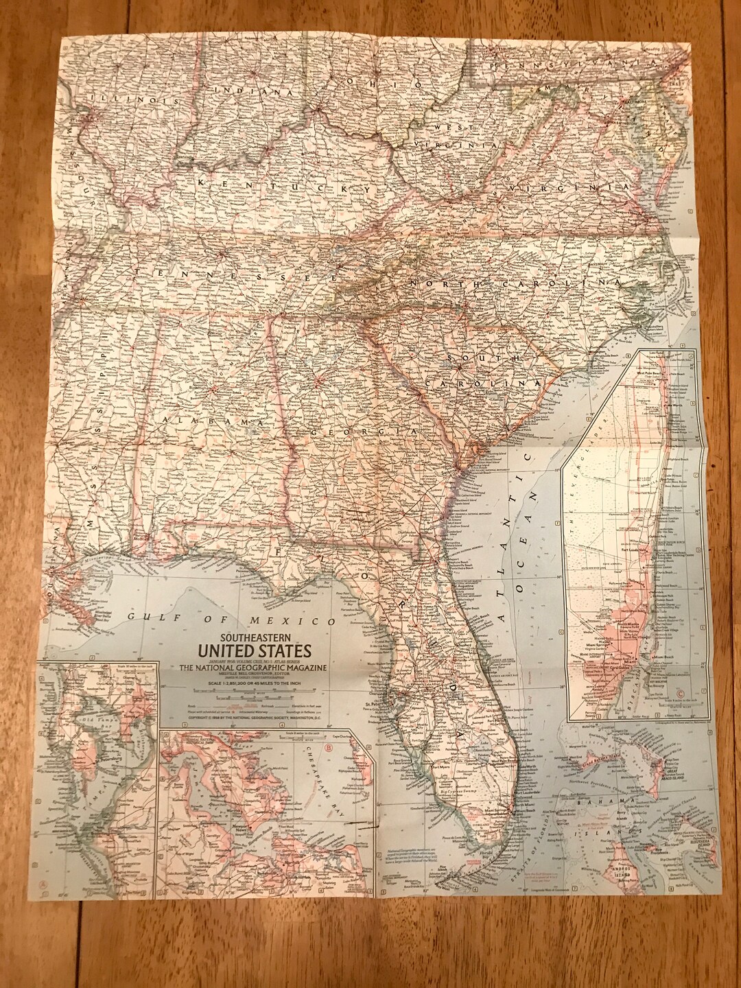 1958 National Geographic Southeastern United States Map, Old Color ...