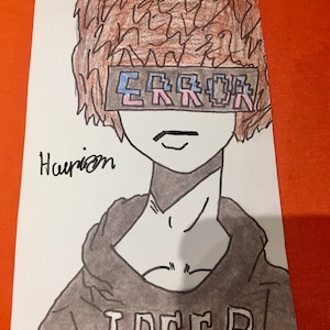May include: A black and white drawing of a person with brown hair. The person is wearing a black hoodie with the word "LOSER" written on it. The person has a black band over their eyes with the word "ERROR" written on it in a pixelated font.