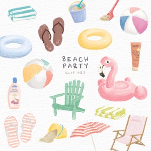 Beach Party, zestaw 32 plików clipart, pliki clipart do natychmiastowego pobrania, jasne i ekscytujące obrazy o tematyce plażowej na kartki lub artykuły piśmiennicze