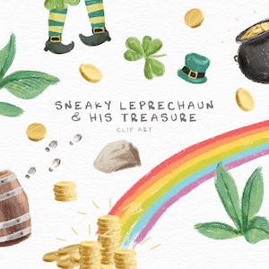 Sneaky Leprechaun and his treasure clip art, instant downloadable images, clip art for kids, St. Patrick&#39;s Day Clip art images