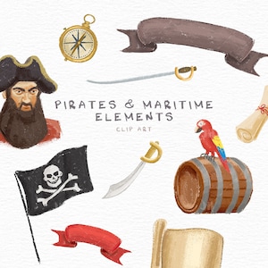 Pirates et éléments maritimes, ensemble de 18 fichiers clip art, fichiers clipart téléchargeables instantanément, images pour cartes ou papeterie