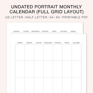 SIMPLE Undated Monthly Calendar (Portrait - Full Grid Layout), Desk Calendar, GoodNotes Template, Printable PDF | A5/A4/Letter/Half size