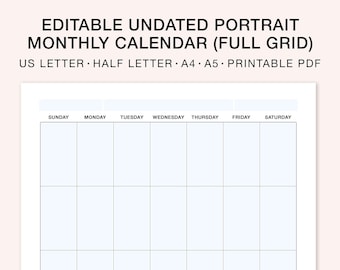 Printable Undated Monthly Calendar Template, Portrait Layout (Digital Download)