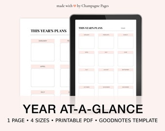 May include: Printable year-at-a-glance planner template in four sizes. The template features a calendar layout with boxes for each month of the year. The text "This Year's Plans" is at the top of the template.