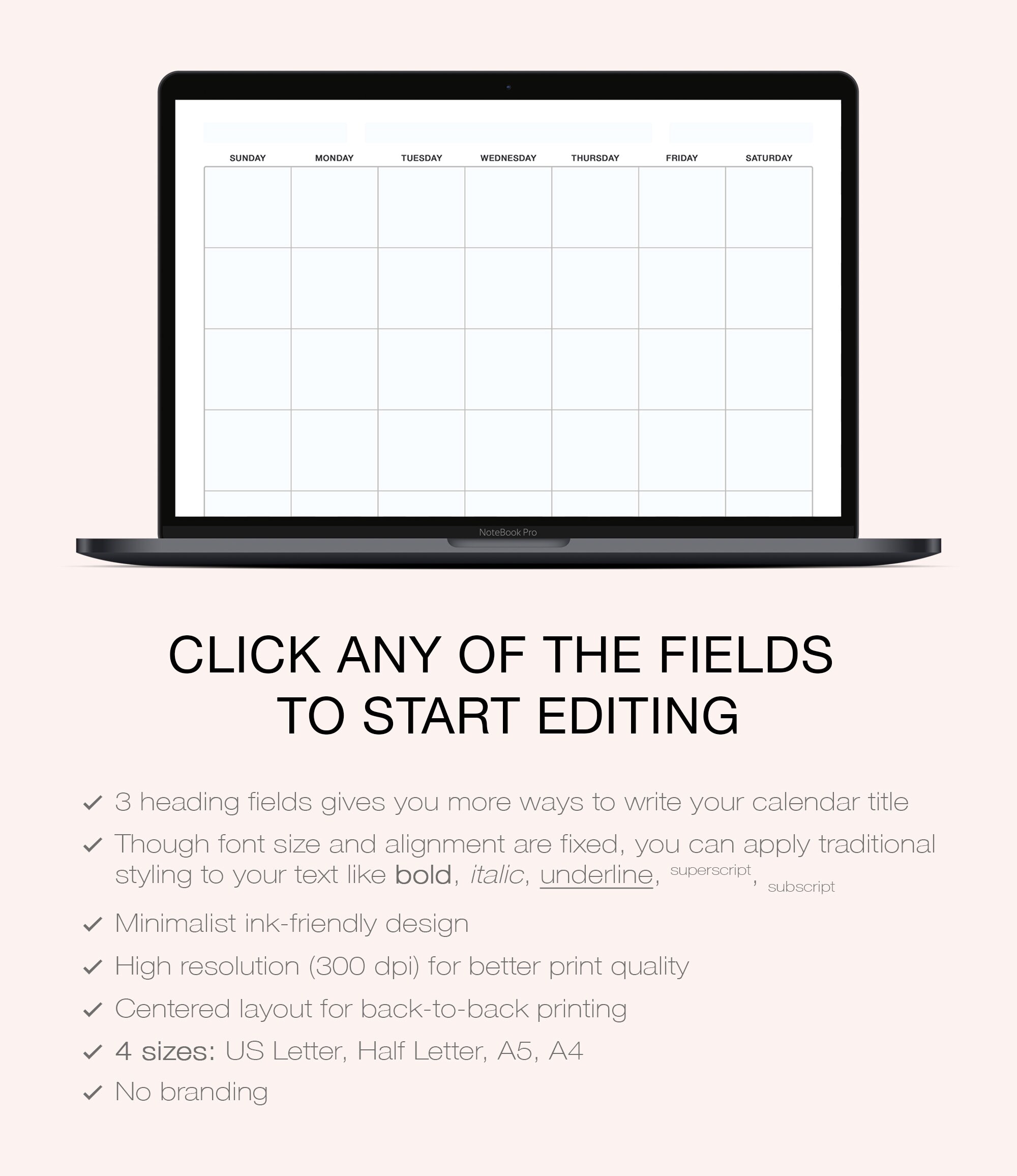 Landscape Editable/fillable Blank Monthly Calendar Horizontal Etsy