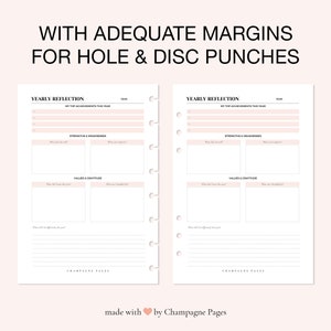 May include: Two white pages with the text "Yearly Reflection" at the top. The pages are divided into sections with headings like "My Top Achievements This Year", "Strengths & Weaknesses", and "Values & Gratitude". The pages are designed for use with a planner or journal.