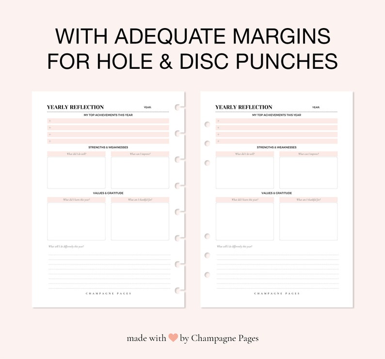 May include: Two white pages with the text "Yearly Reflection" at the top. The pages are divided into sections with headings like "My Top Achievements This Year", "Strengths & Weaknesses", and "Values & Gratitude". The pages are designed for use with a planner or journal.