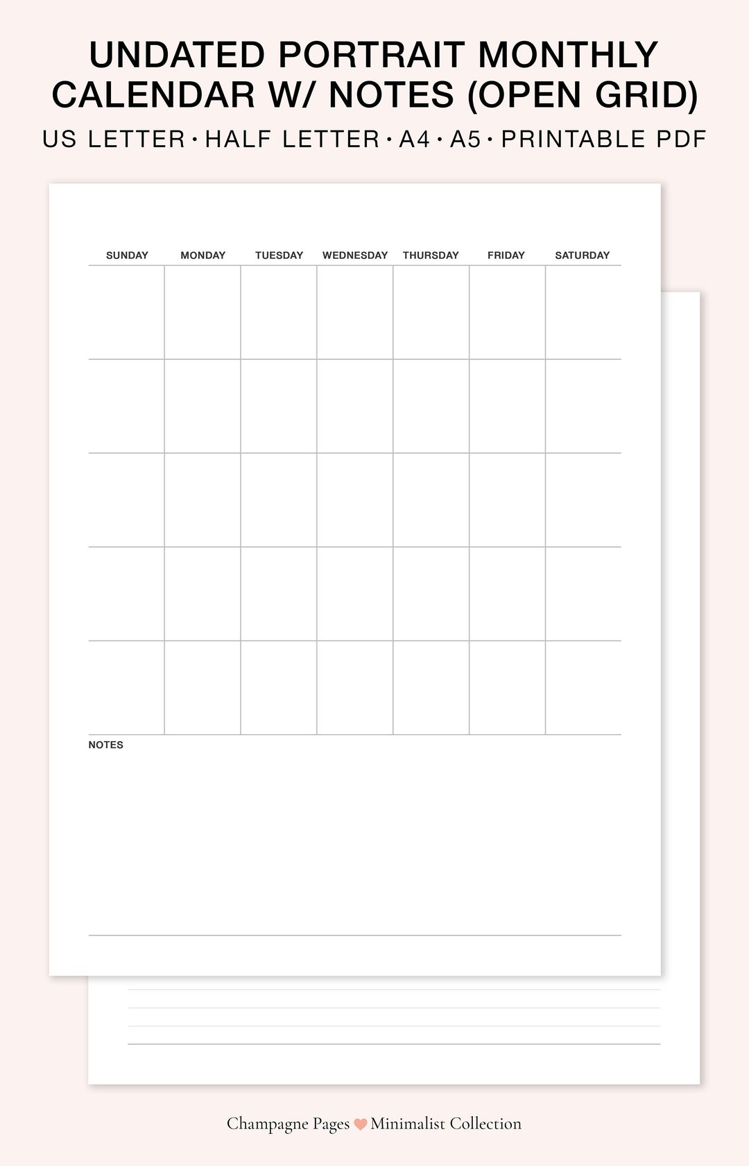Portrait Blank Monthly Calendar With Notes open Grid Layout, Desk Calendar,  Goodnotes Template, Printable PDF A5/a4/letter/half Size - Etsy