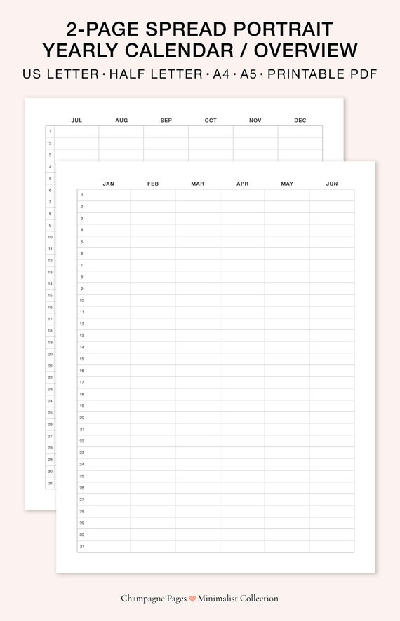 2 Page Spread Portrait Yearly Calendar, Yearly Overview, Year at A Glance, Yearly  Planner, Goodnotes Template A5/A4/US Letter/half Letter - Etsy