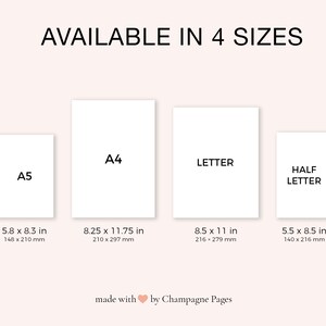 May include: Four different sizes of paper are shown: A5, A4, Letter, and Half Letter. The dimensions of each size are listed in inches and millimeters.