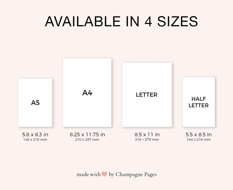May include: Four different sizes of paper are shown: A5, A4, Letter, and Half Letter. The dimensions of each size are listed in inches and millimeters.