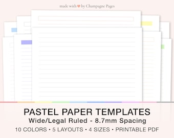 May include: A set of pastel colored printable paper templates with wide ruled lines. The text on the image reads "PASTEL PAPER TEMPLATES Wide/Legal Ruled - 8.7mm Spacing 10 COLORS 5 LAYOUTS 4 SIZES PRINTABLE PDF".