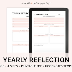 May include: A printable yearly reflection planner template in a digital format. The template includes sections for top achievements, strengths and weaknesses, values and gratitude. The template is designed for use with the Goodnotes app.