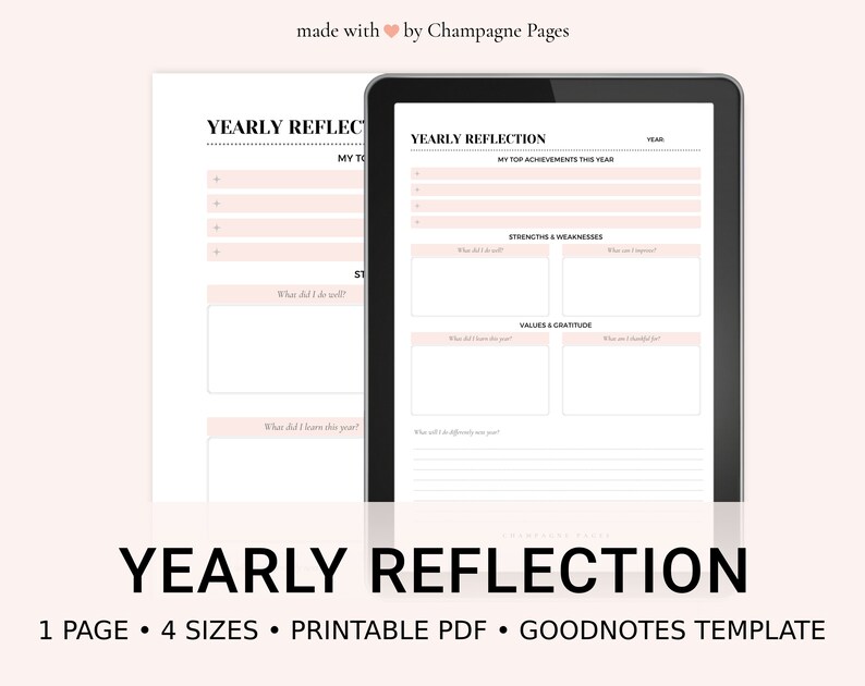 May include: A printable yearly reflection planner template in a digital format. The template includes sections for top achievements, strengths and weaknesses, values and gratitude. The template is designed for use with the Goodnotes app.