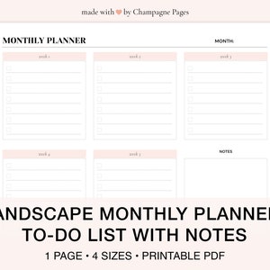Landscape Monthly To Do List with Notes, Monthly Task List, GoodNotes Template — Printable PDF Template | A5 • A4 • Letter • Half Size