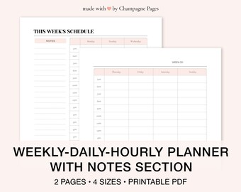 Puede incluir: Planificador semanal imprimible con una sección de notas. El planificador tiene un horario diario por hora de lunes a domingo. El planificador tiene dos páginas y viene en cuatro tamaños.