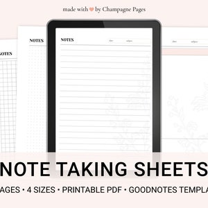 May include: Four printable note-taking sheets in different styles: lined, grid, dotted, and floral. The sheets are labeled "NOTES" and include space for the date and subject. The text "NOTE TAKING SHEETS" is at the bottom of the image, along with the text "4 PAGES 4 SIZES PRINTABLE PDF GOODNOTES TEMPLATE".