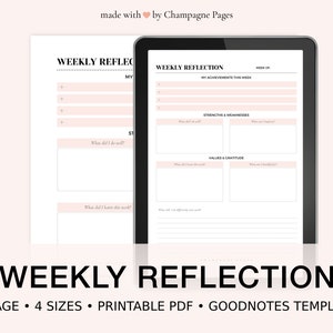 Hoja de trabajo de reflexión semanal imprimible, gratitud semanal, logros de la semana, plantilla GoodNotes — Plantilla PDF / A5 • A4 • Carta • Tamaño medio