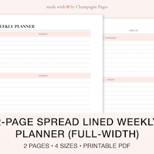 Lined Weekly Planner Printable, 2-Page Spread (A5, A4, Letter, Half Size) (PDF Template)
