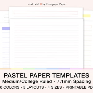 Printable Paper Templates College Ruled Medium Ruled, 7.1mm Spacing Lined Pastel Paper Sheets, GoodNotes Template | A5/A4/Letter/Half Letter