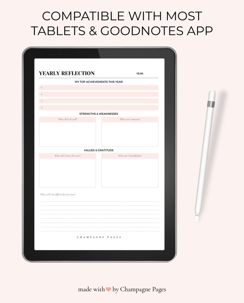 May include: A digital tablet displaying a yearly reflection planner template with sections for top achievements, strengths and weaknesses, values and gratitude. The template is designed for use with the Goodnotes app.