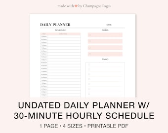 Printable Daily Planner with Half an Hour Hourly Schedule, Goals, To Do & Notes, GoodNotes Template — Printable PDF Template