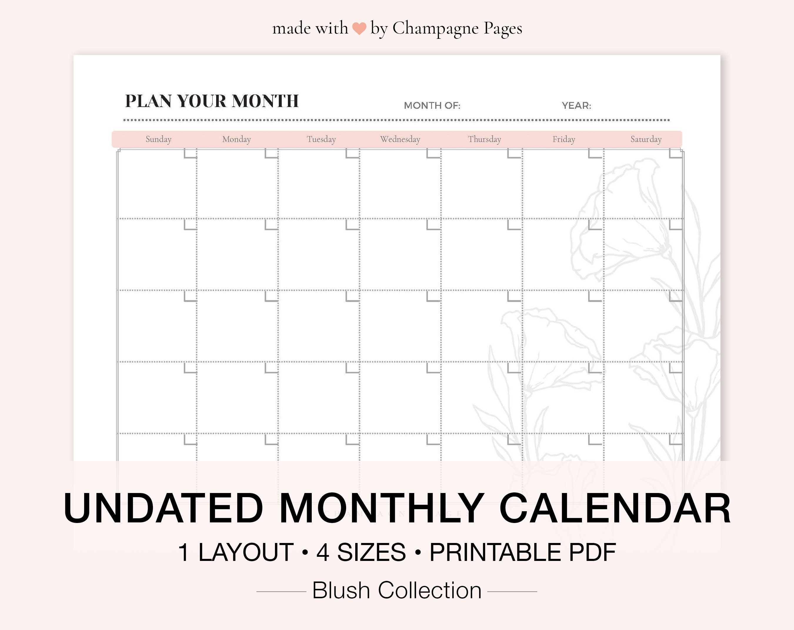 printable monthly calendar blank monthly calendar undated etsy
