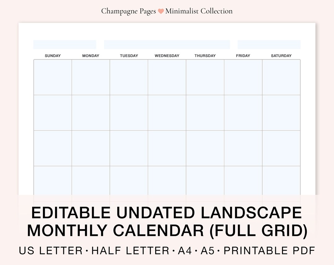 Landscape Editable/fillable Blank Monthly Calendar, Horizontal Undated ...