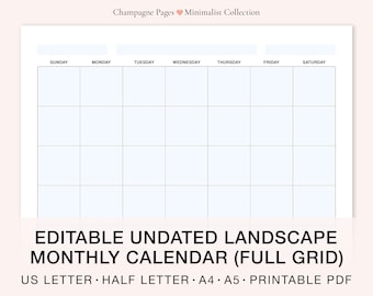 Calendario mensual editable en blanco, planificador horizontal sin fecha (PDF)