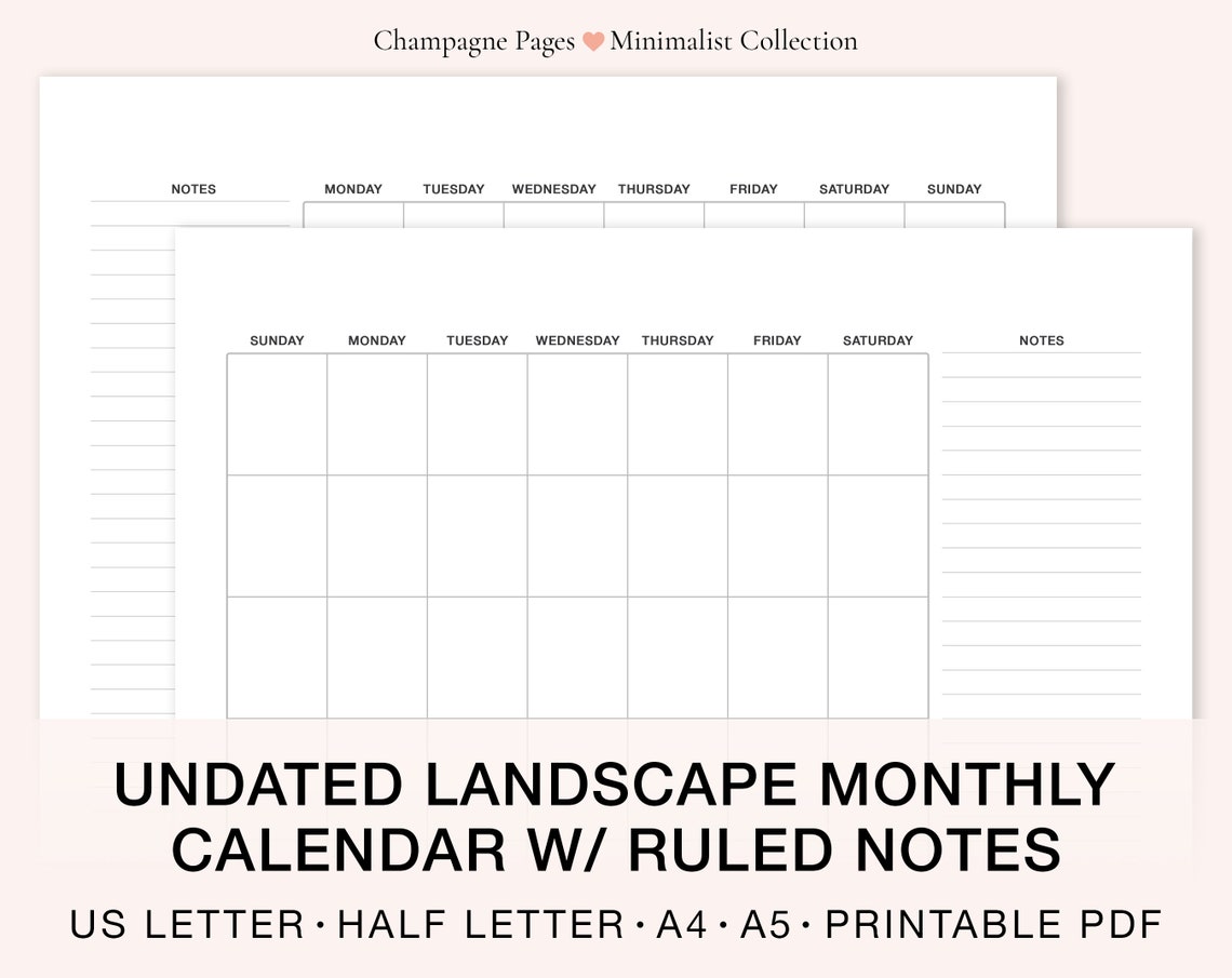 SIMPLE Blank Monthly Calendar landscape With Ruled Notes - Etsy