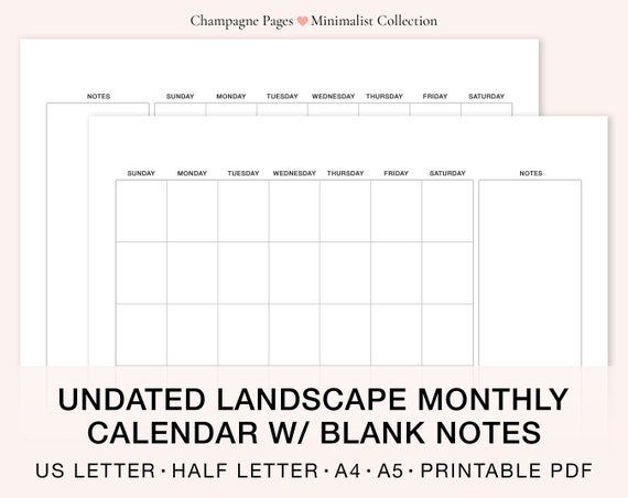 SIMPLE Undated Monthly Calendar landscape W/ Blank Notes Section, Desk  Calendar, Goodnotes Template, Printable PDF A5/a4/letter/half Size - Etsy