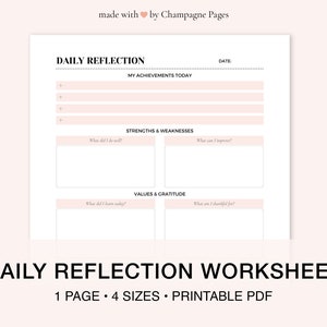 Hoja de trabajo de reflexión diaria imprimible, gratitud, planificador diario de autocuidado, plantilla GoodNotes — Plantilla PDF / A5 • A4 • Carta • Tamaño medio