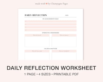 Printable Daily Reflection Worksheet, Gratitude Planner (PDF Template)