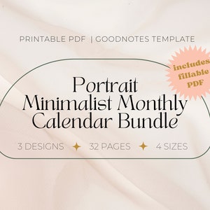 Minimalist Calendar Printable Bundle, Monthly Calendar PDF, Editable Calendar Template, Fillable Calendar PDF, Calendar GoodNotes Template