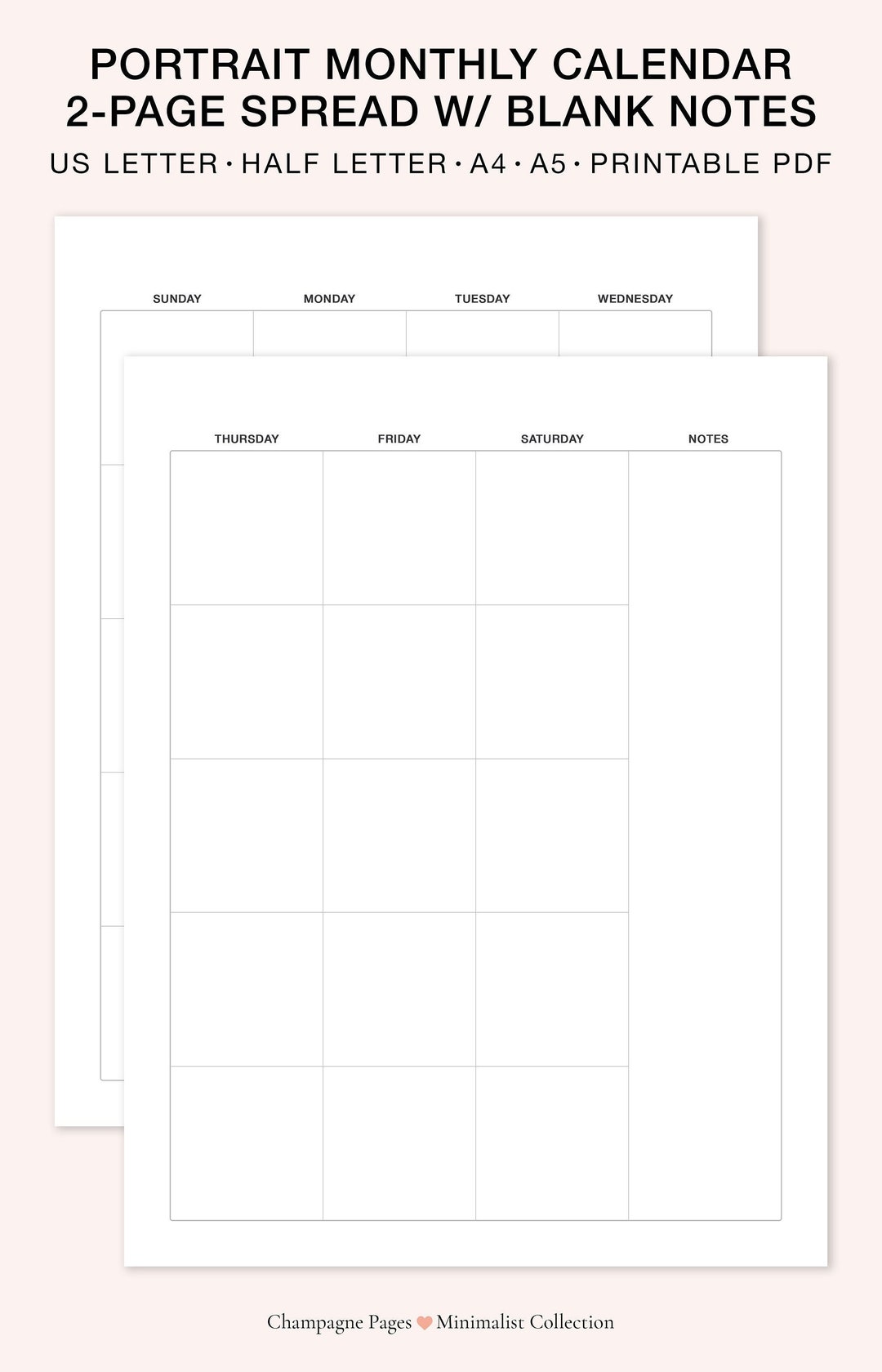 2 Page Spread Portrait Monthly Calendar With Blank Notes Section, Desk Calendar, Goodnotes Template, Printable PDF A5/a4/letter/half Size - Etsy 2-page-spread-portrait-monthly-calendar-with-blank-notes-section-desk-calendar-goodnotes-template-printable-pdf-a5-a4-letter-half-size-etsy