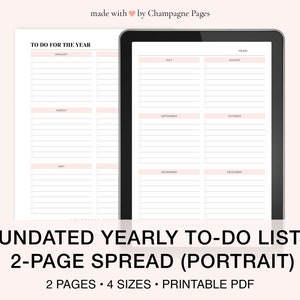 Lista de tarefas anuais para impressão de 2 páginas (sem data • Layout de retrato) Modelo GoodNotes - PDF para impressão | A5 • A4 • Carta • Meio tamanho