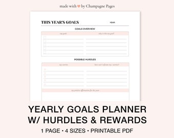 May include: A printable yearly goals planner with sections for goals, possible hurdles, and rewards. The planner is designed in a minimalist style with a pink and white color scheme. The text "THIS YEAR'S GOALS" is at the top of the page.