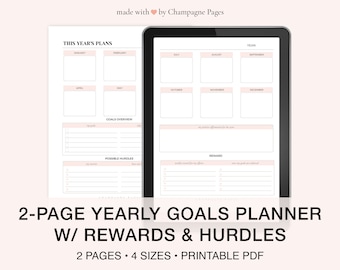 May include: A printable two-page yearly goals planner with sections for monthly goals, a goals overview, possible hurdles, and rewards. The planner is designed in a minimalist style with pink accents.