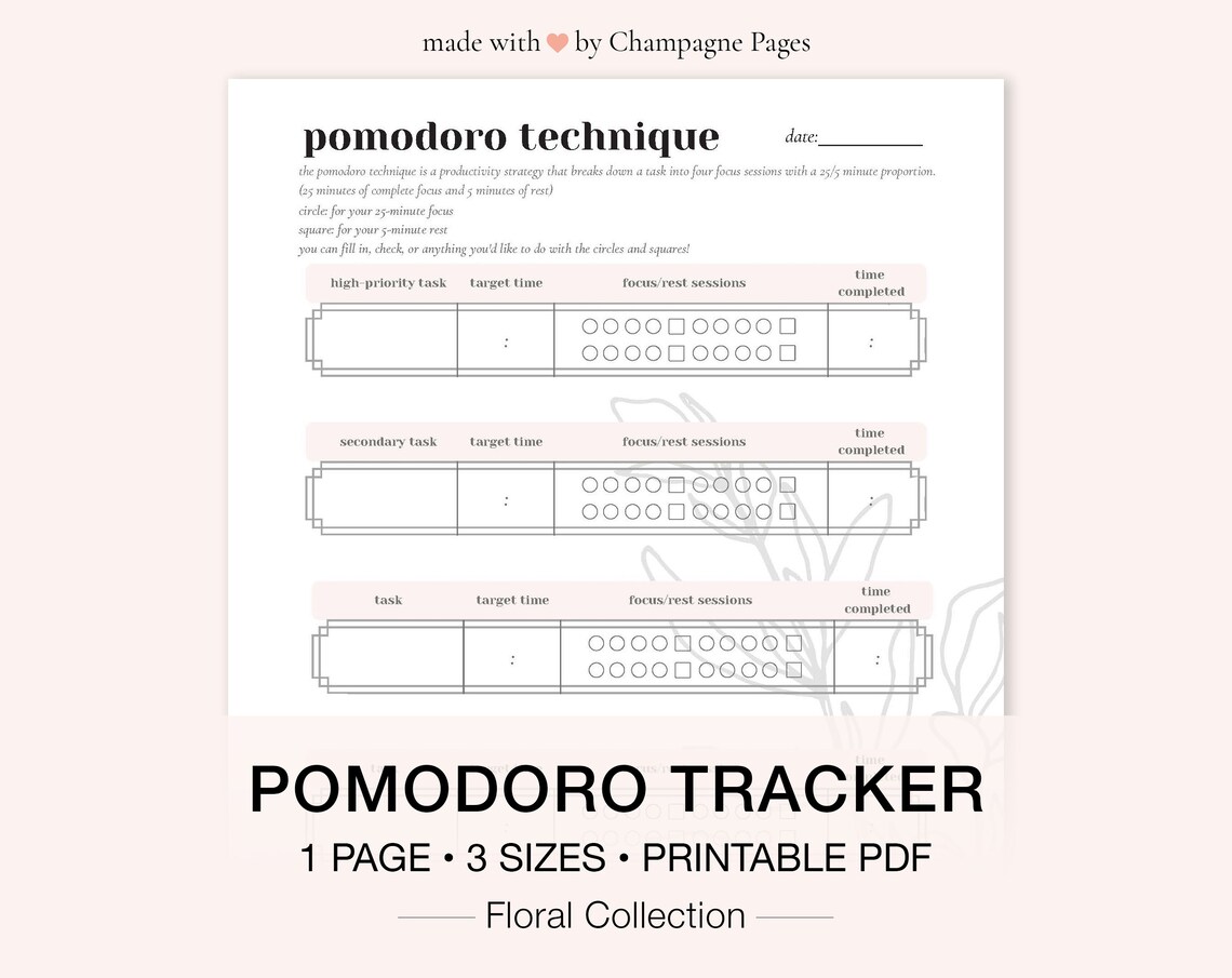 Printable Pomodoro Tracker, Pomodoro Technique Planner, Pomodoro ...