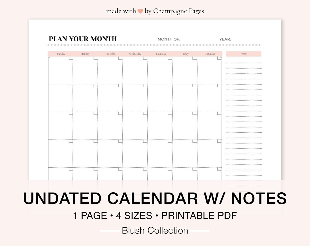 Calendar Note Template Printable Monthly Calendar With Notes, Undated Planner (PDF) - Etsy