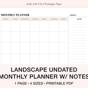 Landscape Undated Grid Monthly Calendar with Notes, Desk Calendar, GoodNotes Template Printable PDF Template | A5 • A4 • Letter • Half Size