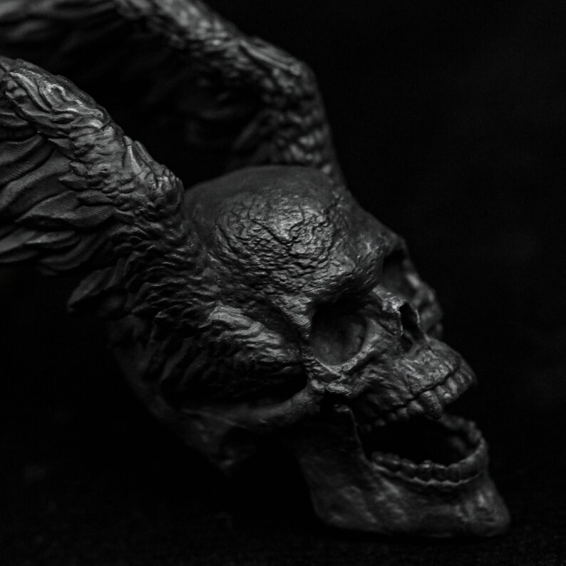 May include: A black skull with wings, the skull has a detailed texture and an open mouth with teeth. The skull is set against a black background.